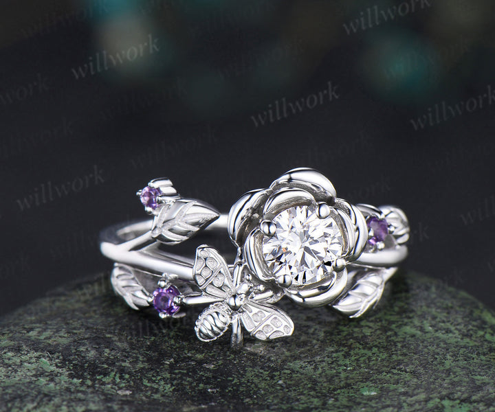 Vintage round cut IGI Lab grown diamond engagement ring floral leaf bee amethyst wedding anniversary ring women