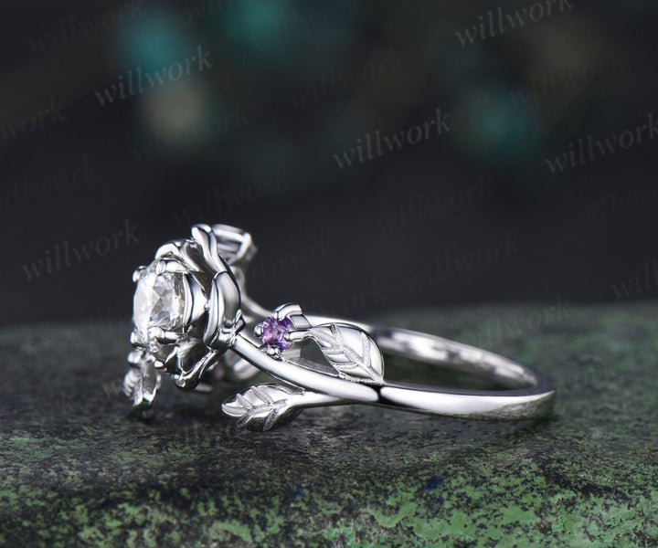 Vintage round cut IGI Lab grown diamond engagement ring floral leaf bee amethyst wedding anniversary ring women