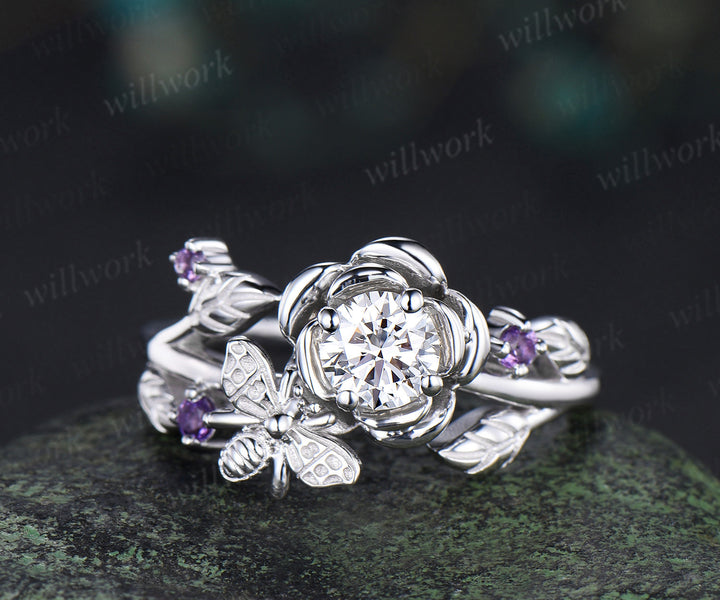 Vintage round cut IGI Lab grown diamond engagement ring floral leaf bee amethyst wedding anniversary ring women