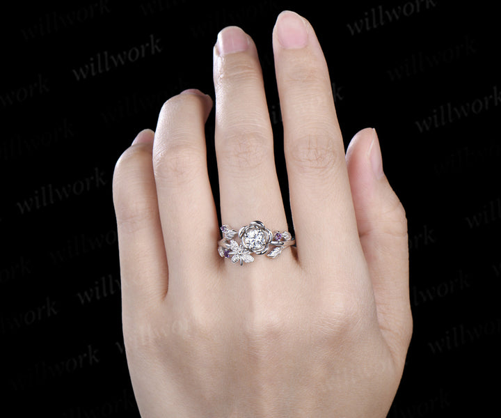 Vintage round cut IGI Lab grown diamond engagement ring floral leaf bee amethyst wedding anniversary ring women