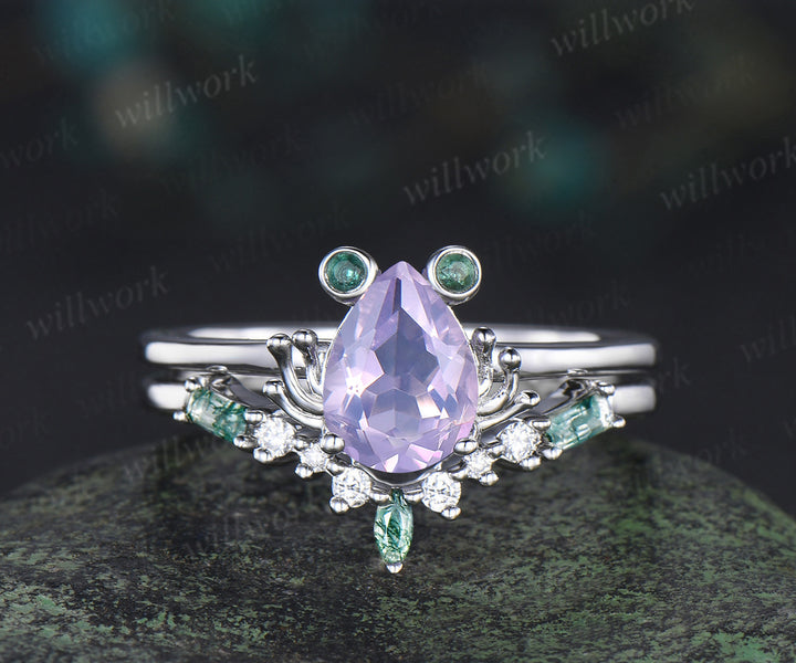 Unique paer Lavender Amethyst engagement ring set Frog animal inspired  wedding set women pear shaped bridal set for girl