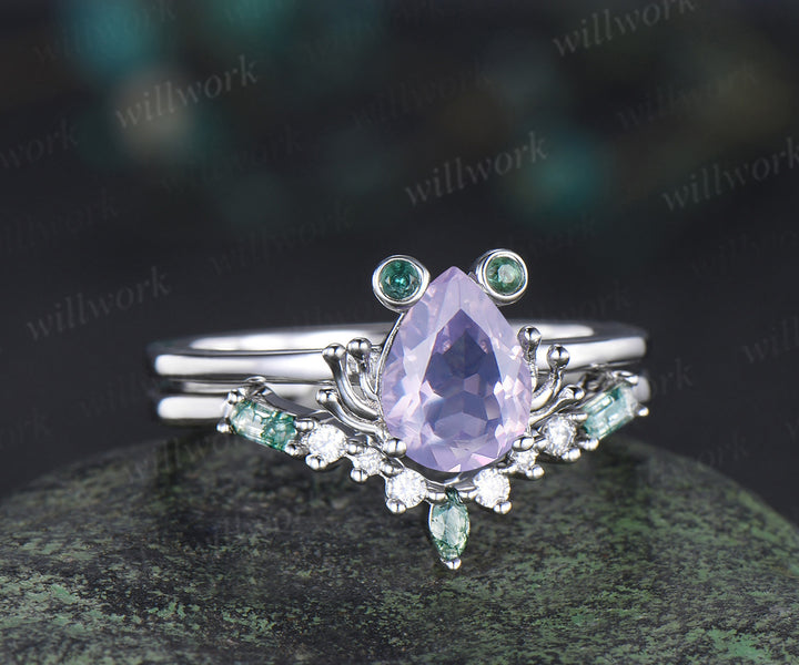 Unique paer Lavender Amethyst engagement ring set Frog animal inspired  wedding set women pear shaped bridal set for girl