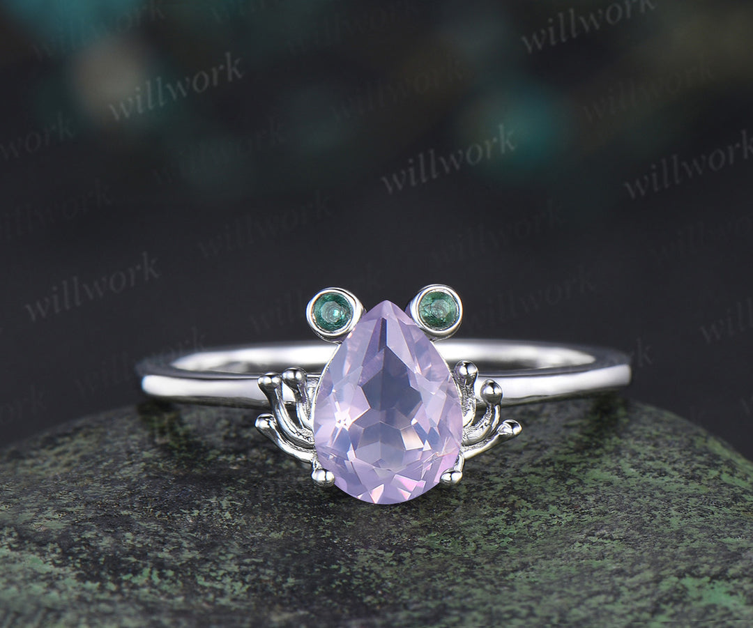Unique paer Lavender Amethyst engagement ring set Frog animal inspired  wedding set women pear shaped bridal set for girl