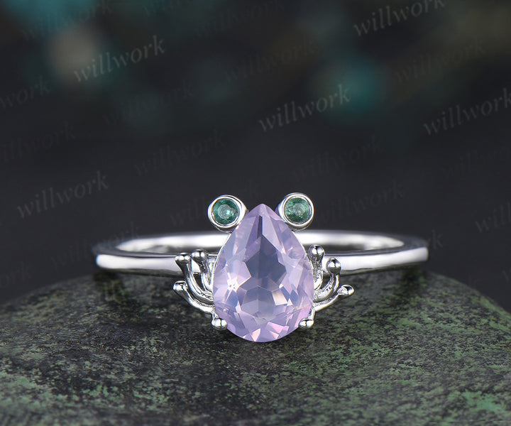 Unique paer Lavender Amethyst engagement ring set Frog animal inspired  wedding set women pear shaped bridal set for girl