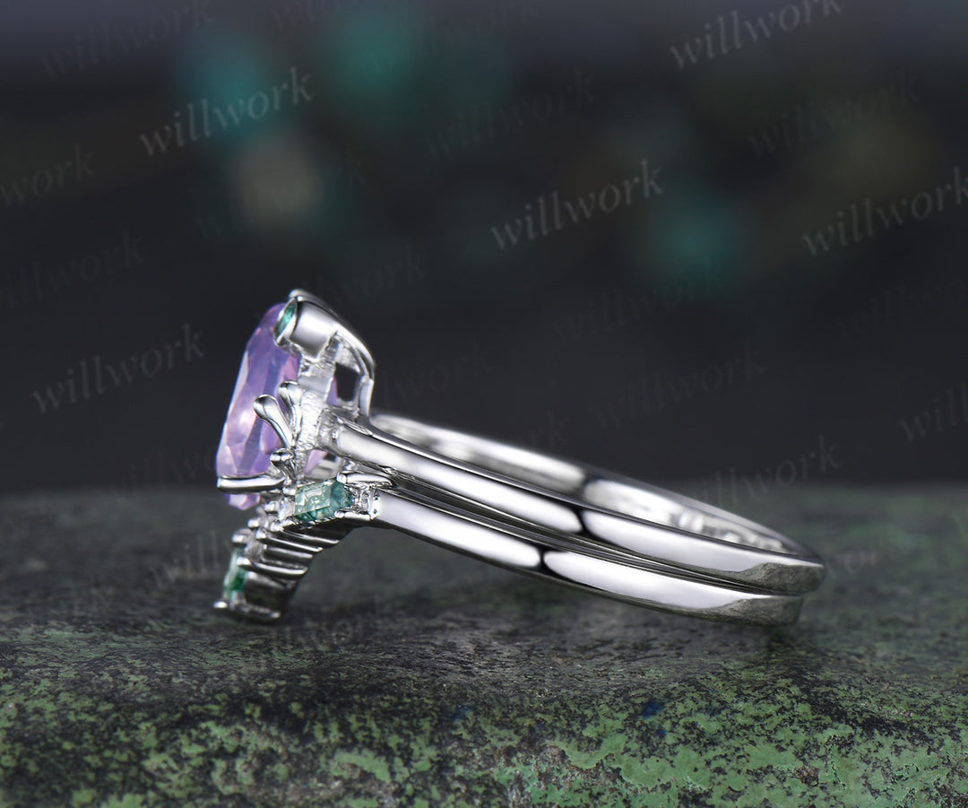 Unique paer Lavender Amethyst engagement ring set Frog animal inspired  wedding set women pear shaped bridal set for girl