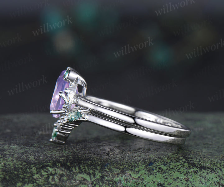 Unique paer Lavender Amethyst engagement ring set Frog animal inspired  wedding set women pear shaped bridal set for girl