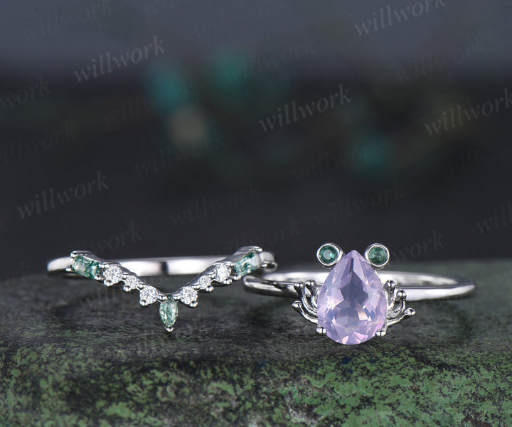 Unique paer Lavender Amethyst engagement ring set Frog animal inspired  wedding set women pear shaped bridal set for girl