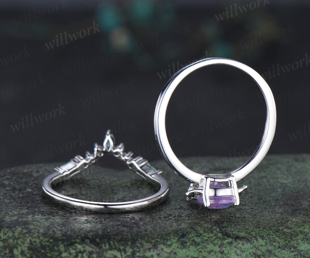 Unique paer Lavender Amethyst engagement ring set Frog animal inspired  wedding set women pear shaped bridal set for girl