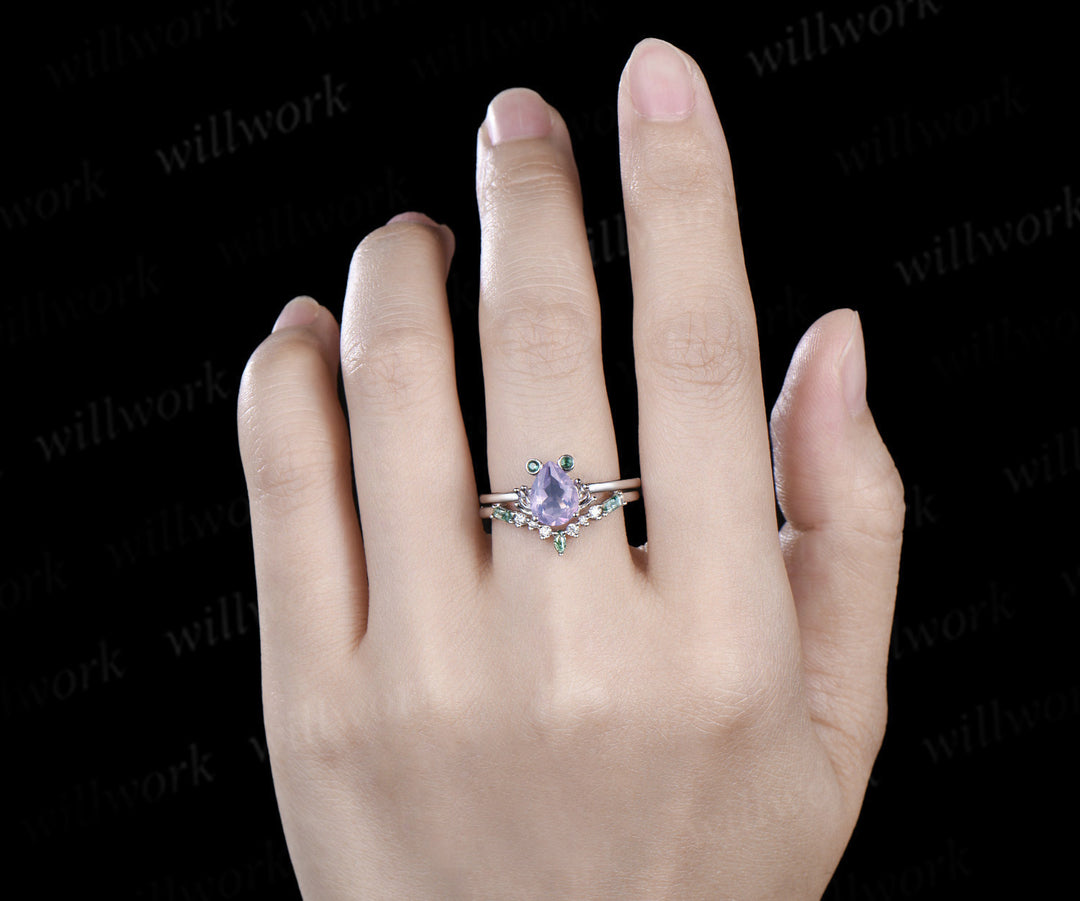 Unique paer Lavender Amethyst engagement ring set Frog animal inspired  wedding set women pear shaped bridal set for girl