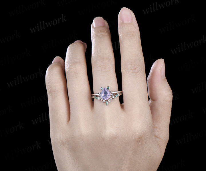 Unique paer Lavender Amethyst engagement ring set Frog animal inspired  wedding set women pear shaped bridal set for girl