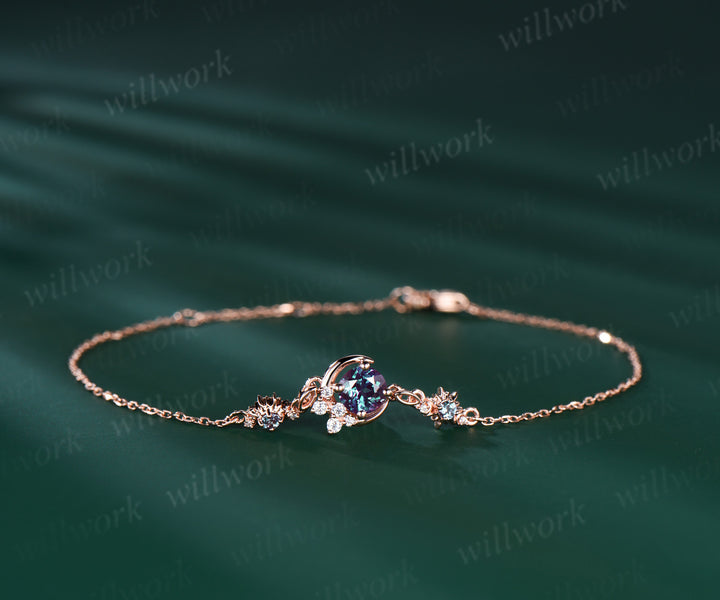 Moon Sun Bracelet 5mm Round Cut Color-Change Alexandrite Charm Bracelets No Fading Adjustable Chain Wrist Bracelet for Women rose gold