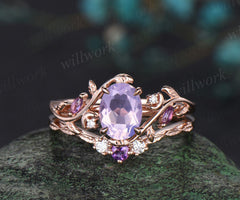 Oval cut natural lavender amethyst engagement ring set amethyst diamond moon leaf ring nature inspired 2pcs bridal set