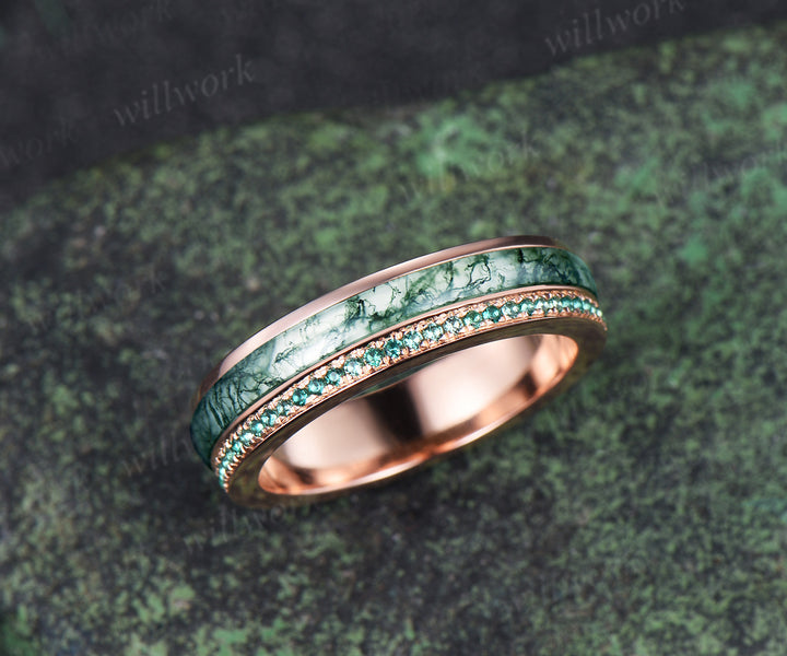 Full eternity bezel moss agate wedding band mens double line emerald rose gold ring unique engagement bridal ring for husband him