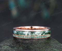 Full eternity bezel moss agate wedding band mens double line emerald rose gold ring unique engagement bridal ring for husband him