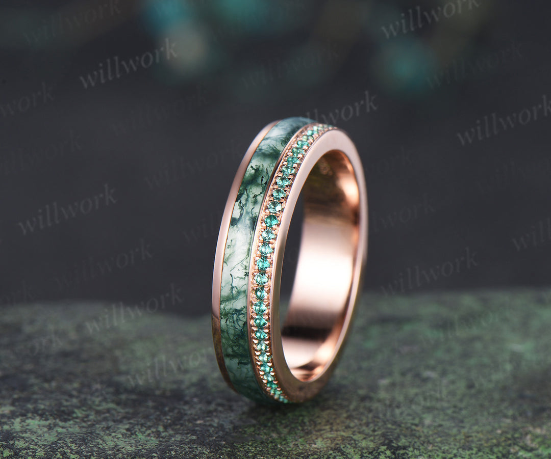 Full eternity bezel moss agate wedding band mens double line emerald rose gold ring unique engagement bridal ring for husband him