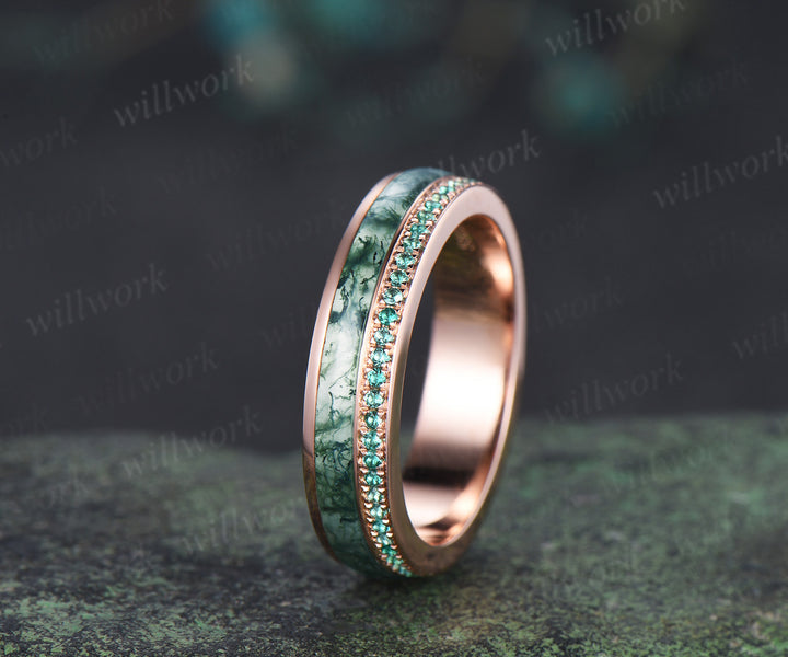 Full eternity bezel moss agate wedding band mens double line emerald rose gold ring unique engagement bridal ring for husband him