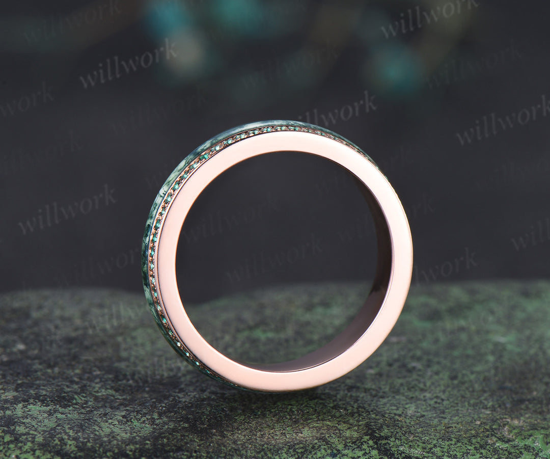 Full eternity bezel moss agate wedding band mens double line emerald rose gold ring unique engagement bridal ring for husband him