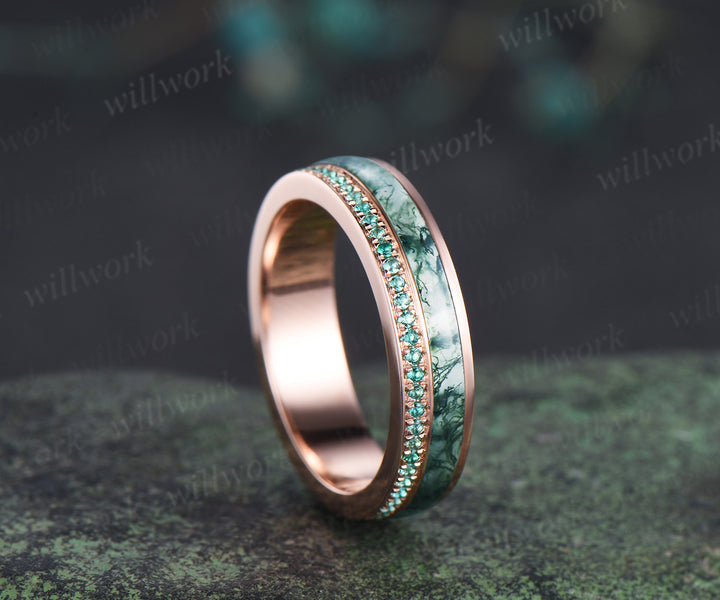 Full eternity bezel moss agate wedding band mens double line emerald rose gold ring unique engagement bridal ring for husband him