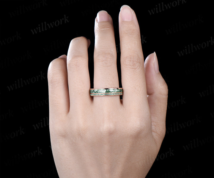 Full eternity bezel moss agate wedding band mens double line emerald rose gold ring unique engagement bridal ring for husband him