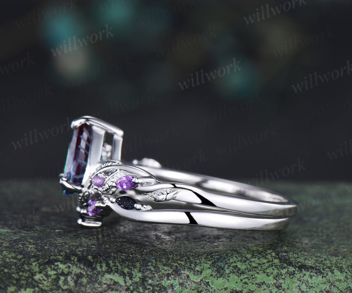 Pear Fireworks cut Alexandrite engagement ring set white gold nature inspired leaf amethyst blue sandstone bridal ring set women
