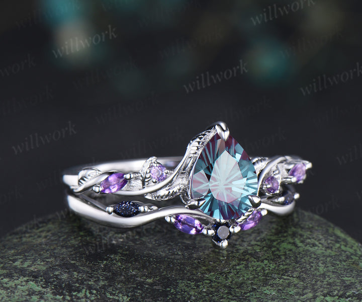 Pear Fireworks cut Alexandrite engagement ring set white gold nature inspired leaf amethyst blue sandstone bridal ring set women