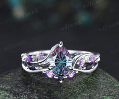 Pear Fireworks cut Alexandrite engagement ring set white gold nature inspired leaf amethyst blue sandstone bridal ring set women