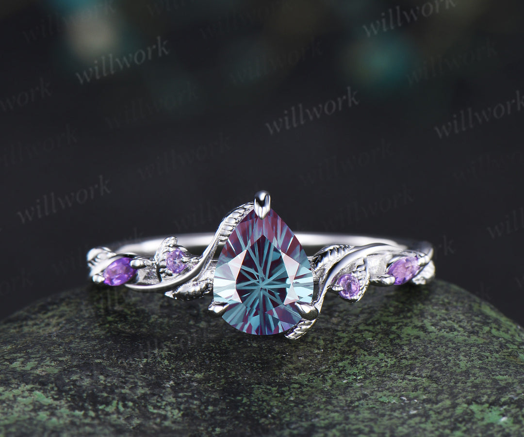 Pear Fireworks cut Alexandrite engagement ring set white gold nature inspired leaf amethyst blue sandstone bridal ring set women