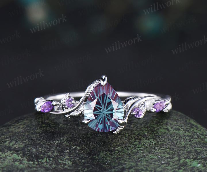 Pear Fireworks cut Alexandrite engagement ring set white gold nature inspired leaf amethyst blue sandstone bridal ring set women