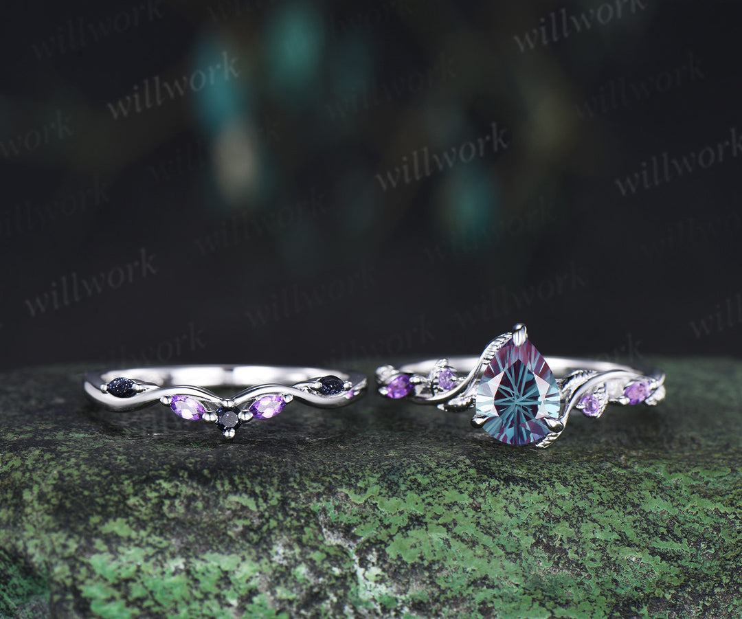 Pear Fireworks cut Alexandrite engagement ring set white gold nature inspired leaf amethyst blue sandstone bridal ring set women