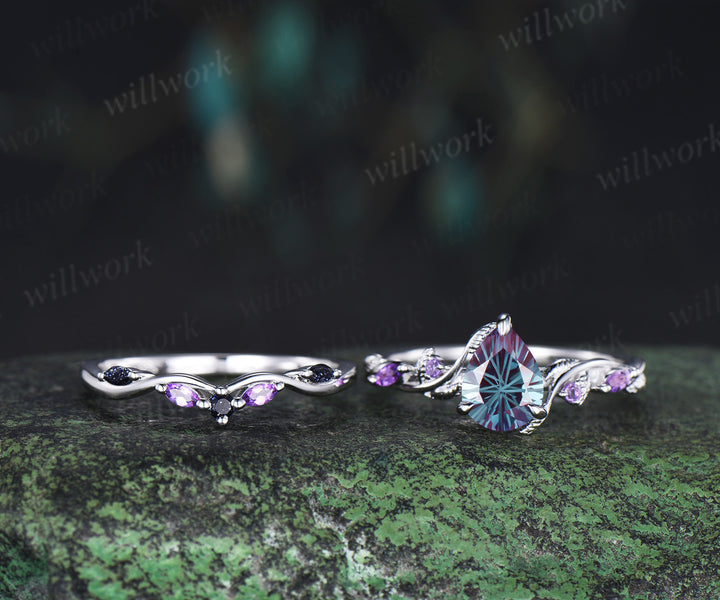 Pear Fireworks cut Alexandrite engagement ring set white gold nature inspired leaf amethyst blue sandstone bridal ring set women