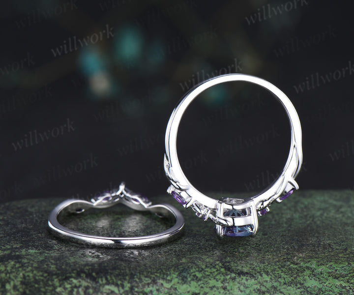 Pear Fireworks cut Alexandrite engagement ring set white gold nature inspired leaf amethyst blue sandstone bridal ring set women