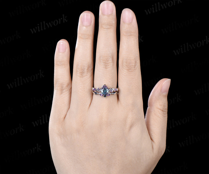 Pear Fireworks cut Alexandrite engagement ring set white gold nature inspired leaf amethyst blue sandstone bridal ring set women
