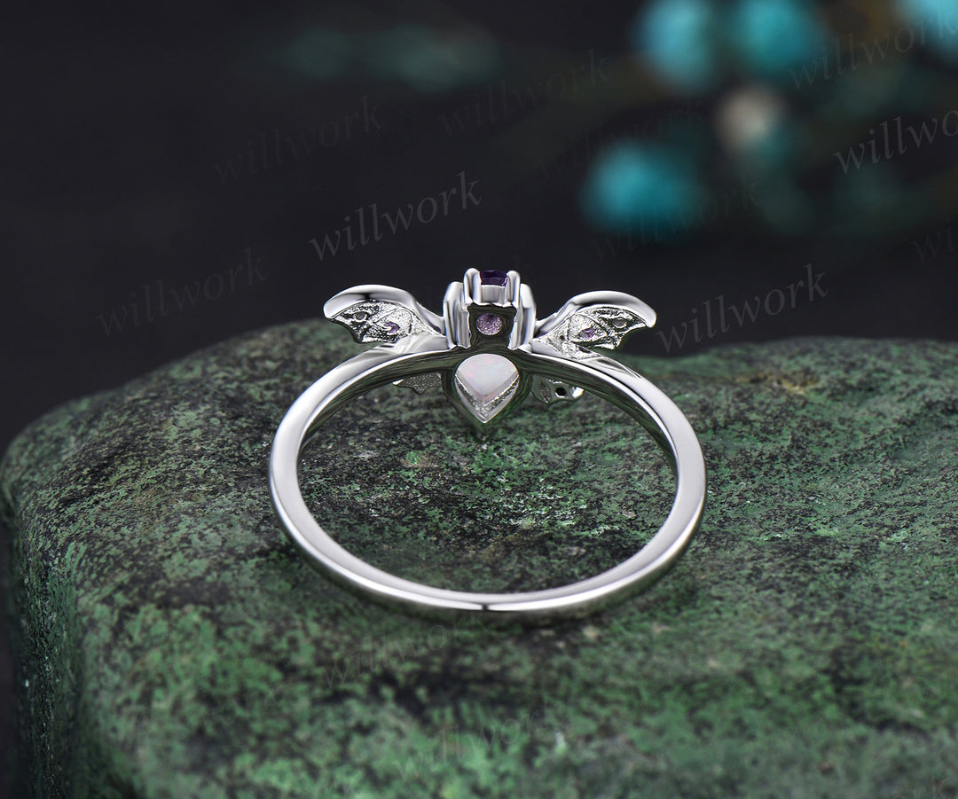 Pear opal ring vintage amethyst ring 14k white gold moon star bat unique engagement ring women wing diamond anniversary ring gift