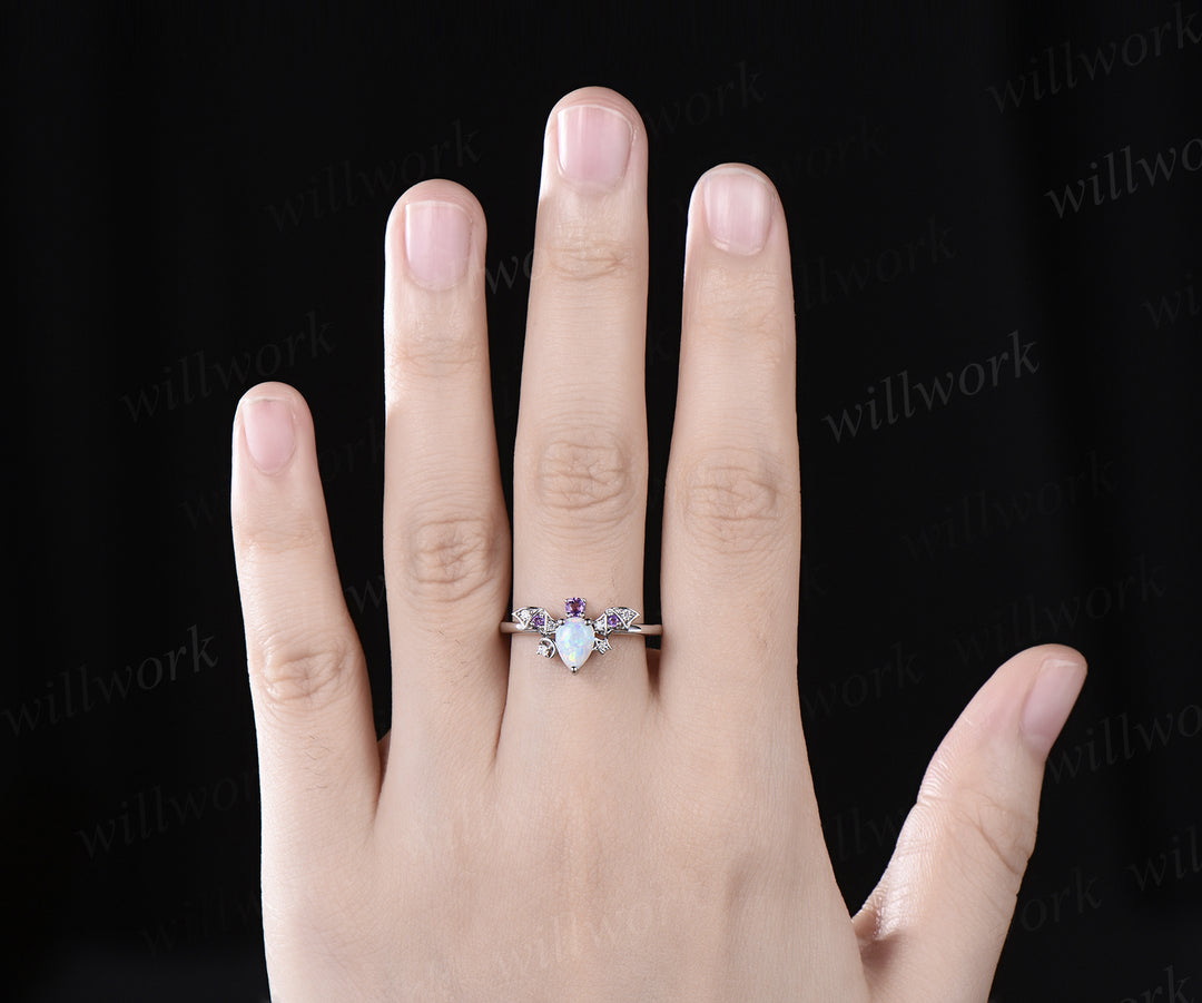 Pear opal ring vintage amethyst ring 14k white gold moon star bat unique engagement ring women wing diamond anniversary ring gift