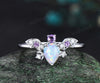 Pear opal ring vintage amethyst ring 14k white gold moon star bat unique engagement ring women wing diamond anniversary ring gift