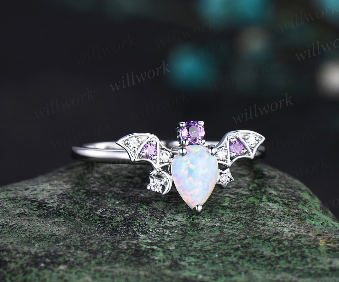 Pear opal ring vintage amethyst ring 14k white gold moon star bat unique engagement ring women wing diamond anniversary ring gift