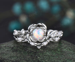 Vintage round cut opal engagement ring set white gold floral leaf twisted five stone ring matching moissanite band bridal set