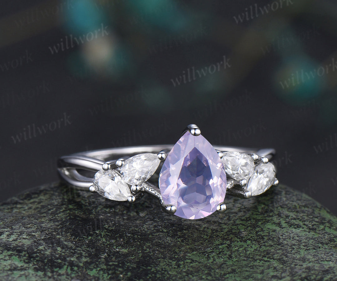 Pear natural lavender amethyst ring pear moissanite cluster split shank engagement ring retro bridal ring gifts for women