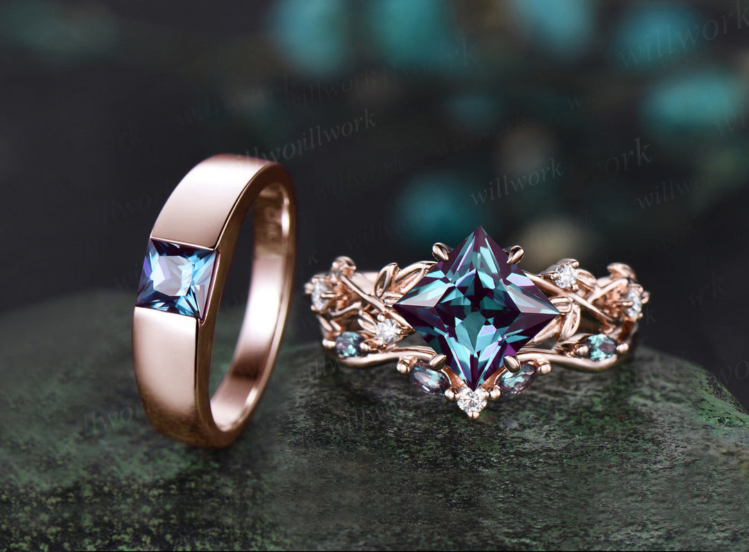 Princess Alexandrite Twig Vine Ring Set & Princess Cut Solitaire