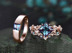 Princess Alexandrite Twig Vine Ring Set & Princess Cut Solitaire Alexanrite Men Band Unique Couple Ring Set for Him & Her