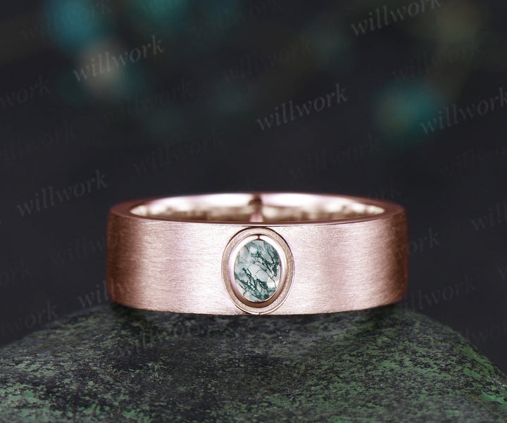 Nature Inspired Oval Cut Moss Agate Engagement Ring Set & Solitaire Moss Agate Brushed Men Wedding Band Unique Couple Ring Set
