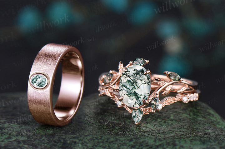 Nature Inspired Oval Cut Moss Agate Engagement Ring Set & Solitaire Moss Agate Brushed Men Wedding Band Unique Couple Ring Set