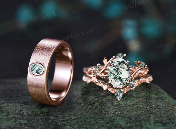 Nature Inspired Oval Cut Moss Agate Engagement Ring Set & Solitaire Moss Agate Brushed Men Wedding Band Unique Couple Ring Set