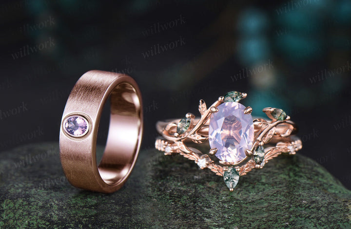 Vintage Oval Cut Lavender Amethyst Twig Vines Engagement Ring Set & Brushed Finish Lavender Amethyst Men Wedding Band Elegant Couple Ring Set Gifts