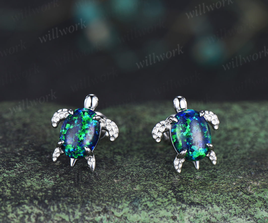 Dainty Oval Cut Black Opal Turtle Stud Earrings Solid 14k white Gold Studs Sea Turtle Lovely Animal Stud October Birthstone Gift