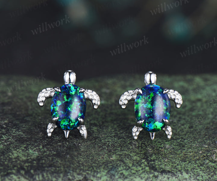 Dainty Oval Cut Black Opal Turtle Stud Earrings Solid 14k white Gold Studs Sea Turtle Lovely Animal Stud October Birthstone Gift
