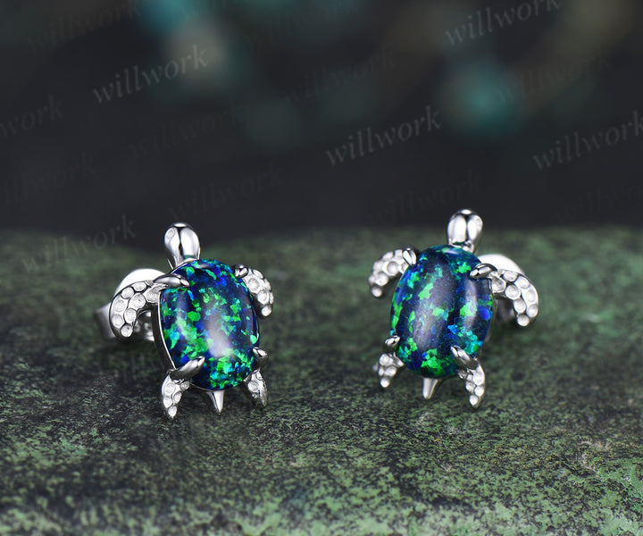Dainty Oval Cut Black Opal Turtle Stud Earrings Solid 14k white Gold Studs Sea Turtle Lovely Animal Stud October Birthstone Gift