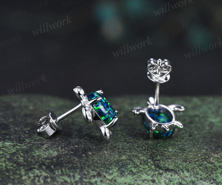 Dainty Oval Cut Black Opal Turtle Stud Earrings Solid 14k white Gold Studs Sea Turtle Lovely Animal Stud October Birthstone Gift