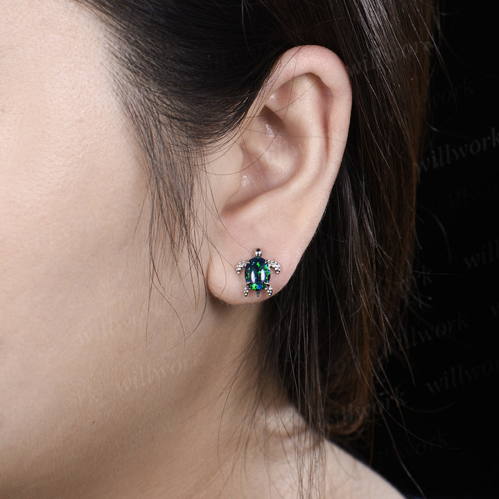 Dainty Oval Cut Black Opal Turtle Stud Earrings Solid 14k white Gold Studs Sea Turtle Lovely Animal Stud October Birthstone Gift