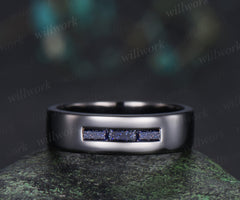 Baguette cut blue sandstone wedding band three stone men wedding ring unique black gold ring wedding anniversary gifts for him